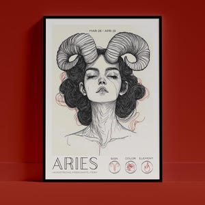 Poster da parete con lo zodiaco Ariete / Decorazione astrologica, stampa del segno zodiacale, decorazione di tendenza per ritratti, arte estetica, regalo di compleanno per l'interior design