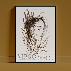 Poster da parete con il segno zodiacale della Vergine / Decorazione astrologica, stampa del segno zodiacale, decorazione di tendenza con ritratto, arte estetica, regalo di compleanno per l'interior design