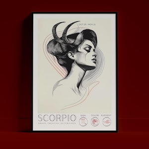 Poster da parete con lo zodiaco dello Scorpione, decorazione astrologica, stampa del segno zodiacale, decorazione di tendenza con ritratto, arte estetica, regalo di compleanno per l'interior design