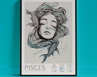 May include: A framed poster featuring a black and white line art illustration of a person with flowing hair surrounded by two fish. The text reads PISCES, FEB 19 - MAR 20, ARTISTIC, GENEROUS, WISE, SIGN, COLOR, ELEMENT with three circular icons below.
