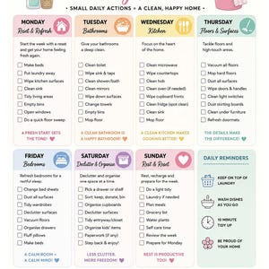 May include: A 7 Day Cleaning Planner chart with daily tasks from Monday to Sunday, including sections for daily reminders, extra notes, and tips for success. The document features pastel-colored headers, icons, and checklists for household chores.