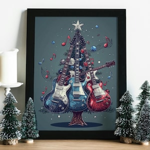 Puede incluir: Una impresión enmarcada que presenta un árbol de Navidad hecho de guitarras eléctricas. Las guitarras son en tonos azules y rojos, decoradas con notas musicales y adornos. Una estrella blanca corona el árbol, sobre un fondo verde azulado.