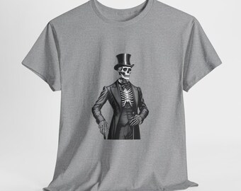 Maglietta da uomo con scheletro vittoriano, maglietta grafica con scheletro elegante in stile gotico | Maglietta unisex spettrale per Halloween