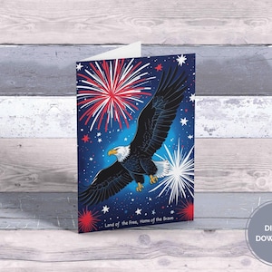 Happy 4th of July Card | Printable Bald Eagle & Fireworks | Patriotic Greeting Card | Ready to Print | USA Independence Day