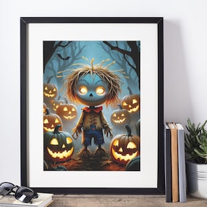Puede incluir: Una impresión artística enmarcada de Halloween que presenta un espantapájaros con ojos azules brillantes y una sonrisa cosida, rodeado de calabazas talladas. El fondo muestra un bosque espeluznante con un murciélago. La obra de arte se exhibe sobre una superficie de madera.