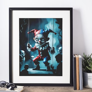Creepy Jester Puppet on Stage | Gothic Halloween Wall Art Digital Download Autumn