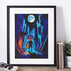 Può includere: Stampa artistica incorniciata con un'illustrazione spettrale di un bambino che tiene una lanterna in un vicolo buio sotto la luna piena. L'opera d'arte ha una vivace tavolozza di colori blu, viola e arancione, creando un tema di Halloween o horror.