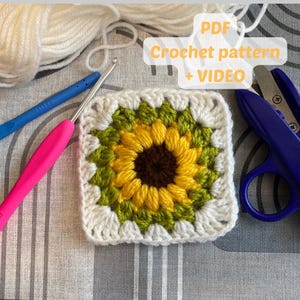 Sunflower Crochet Granny Square Motif: PDF Pattern + Video
