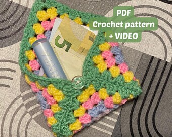 Patrón de monedero de ganchillo, motivo cuadrado de la abuela, videotutorial (patrón en PDF)