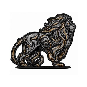 May include: A decorative patch featuring a stylised lion in profile, rendered with intricate swirling lines in shades of black, white, and metallic gold. The lion has a thick mane and a single visible yellow eye, all outlined with a thick black border.