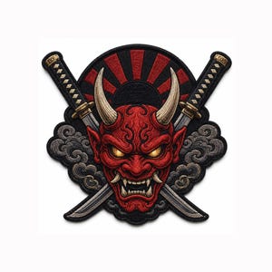 May include: An embroidered patch featuring a red oni mask with glowing yellow eyes and sharp horns, centered in front of two crossed katana swords. The background includes a black and red sunburst design and grey swirling cloud patterns.