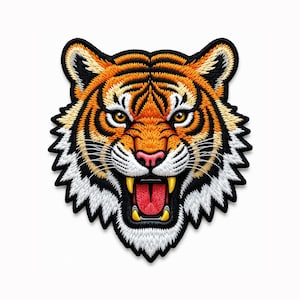May include: An embroidered patch featuring the head of a tiger with orange, black, and white fur. The tiger has yellow eyes, a pink nose, and an open mouth showing a red tongue and sharp yellow fangs, all outlined in a thick black border.