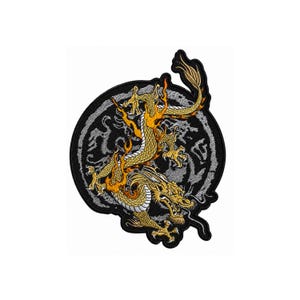 Golden Asian Dragon Embroidered Patch – Black Mythical Fantasy Badge