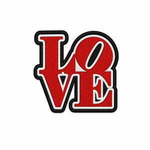 May include: An embroidered patch featuring the word LOVE in a stacked, stylized font. The letters are red with a thick white outline and a black border. The O is tilted, and the V and E are connected, creating a bold, graphic design element.