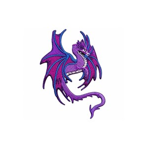 May include: An embroidered patch featuring a dragon with purple and magenta scales, large wings with blue outlines, and a long, curved tail. The dragon is depicted in a dynamic pose with its wings spread wide, showcasing detailed stitching and vibrant colors.