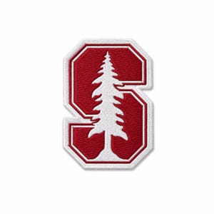 May include: An embroidered patch featuring a block letter S in deep red with a white border. Centered within the letter is a white silhouette of a coniferous tree. The design has a textured, stitched appearance with clean, defined edges throughout.