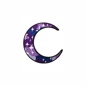 May include: A crescent moon shaped embroidered patch featuring a gradient of purple and blue tones. The surface is decorated with small white four-pointed star shapes scattered across the crescent, all outlined with a thick black border.