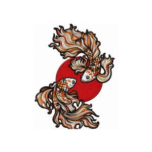 Japanischer Koi-Fisch-Aufnäher – Applikation mit roter Sonne und orangen Wellen