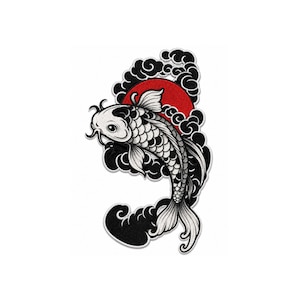 May include: An embroidered patch featuring a white and black koi fish swimming amidst stylized black clouds. Behind the fish is a solid red circular sun. The design is detailed with fine stitching, creating a textured appearance of scales and flowing fins.