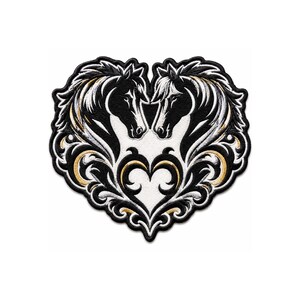 May include: An embroidered patch featuring two horses facing each other, their necks and manes forming a heart shape. The design uses black, white, and gold thread with intricate swirling filigree patterns filling the lower section of the heart.