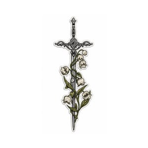 May include: An embroidered patch featuring a silver sword with an ornate hilt, wrapped in a vine of green leaves and white lily of the valley flowers. The design has a white border and detailed black linework throughout the entire illustration.