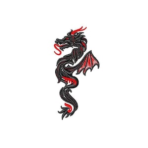 May include: An embroidered patch featuring a stylized dragon in black thread with vibrant red accents on the wings, tongue, and tail. The design shows the creature in a vertical, serpentine pose with detailed stitching throughout the body.