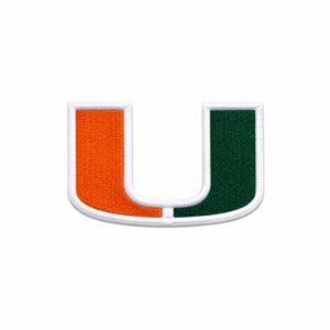 May include: An embroidered patch in the shape of the letter U, featuring a bright orange left side and a dark green right side, both outlined with a thick white border. The stitching is dense and uniform, creating a textured surface finish.
