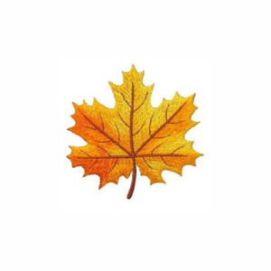 Peut inclure: Un écusson brodé en forme de feuille d'érable présentant un dégradé de couleurs automnales chaudes, notamment jaune, orange et rouge foncé. Le motif présente des coutures détaillées imitant les nervures naturelles, avec une tige brune.