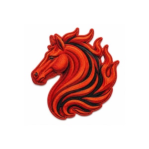 May include: An embroidered patch featuring the profile of a horse head in vibrant orange and red tones, with flowing mane sections accented by deep black stitching that creates a flame-like appearance throughout the entire design.