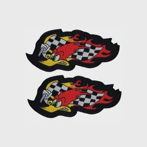 Flaming Racing Bird Patch Embroidered Cartoon Racer Patch Checkered Flag Iron On