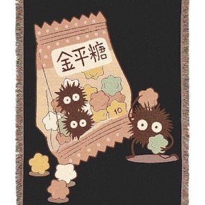 Soot Sprite Woven Blanket, Ghibli fan gift, Totoro, Howls, Ghibli, Ponyo, Mononoke, Spirited Away, Kiki, studio ghibli blanket
