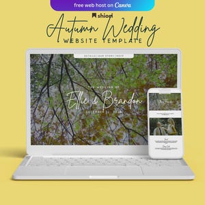 Puede incluir: Un portátil y un smartphone blancos muestran una plantilla de sitio web de boda otoñal. La pantalla del portátil muestra un fondo temático de la naturaleza con los nombres "Ellie & Brandon" y la fecha. El smartphone refleja el diseño web.