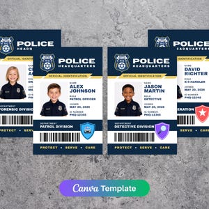 May include: Four rectangular police identification card templates featuring a dark blue header with the text POLICE HEADQUARTERS, a central photograph of a child in a police uniform, personal details, a barcode, and a colored shield icon at the bottom.