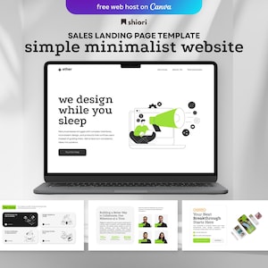 Peut inclure: Un ordinateur portable affiche une conception de site web avec le texte "we design while you sleep". L'image présente un modèle de site web minimaliste avec des éléments verts et blancs. Le texte "simple minimalist website" est également visible.