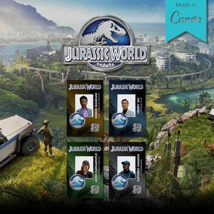 May include: Image showing the "Jurassic World" logo and four employee ID cards. The cards feature employee photos and names, set against a backdrop of a park scene with dinosaurs and vehicles. The text "Made in Canva" is also visible.