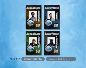 May include: Four rectangular Jurassic World identification badges featuring character portraits, names, and titles. Each card displays the Jurassic World logo, a QR code, and a unique color background: gold, blue, green, and dark gray.