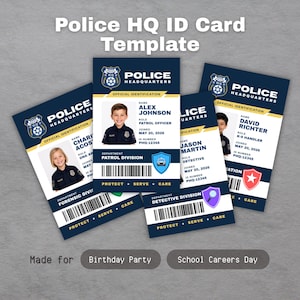 May include: A set of four Police Headquarters ID card templates featuring a dark blue and white design with a shield logo, a photograph of a child in a police uniform, a barcode, and the text Police Headquarters Official Identification.