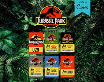 Distintivo identificativo di Jurassic Park – Modello Canva modificabile – Stampabile per feste, cosplay o fan del cinema / Targhetta identificativa per costumi / Halloween / Veicolo