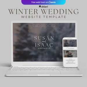 May include: A white laptop and smartphone displaying a winter wedding website template. The website features the text "SUSAN and ISAAC are getting married" and "WINTER WEDDING WEBSITE TEMPLATE". The background is a blurred winter scene.