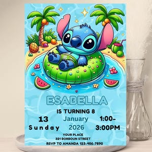 Convite para festa de aniversário do Stitch | Convite para festa de skate em tons pastéis do Stitch Lilo | Convite Angel para baixar luzes de skate