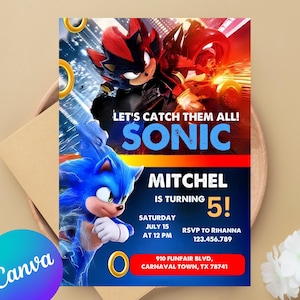 Carte d'invitation d'anniversaire Sonic 3, invitation de fête de garçons Super hérisson, carte d'invitation de fête Super Sonic, modèle d'invitation Sonic modifiable, toile