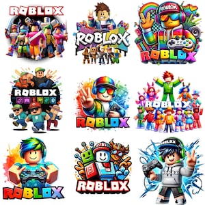 Puede incluir: Una colección de coloridos diseños de personajes del juego Roblox. Cada diseño presenta el logotipo de Roblox y varios avatares en poses dinámicas, con fondos vibrantes y una estética lúdica. Las imágenes muestran una variedad de personajes y temas.