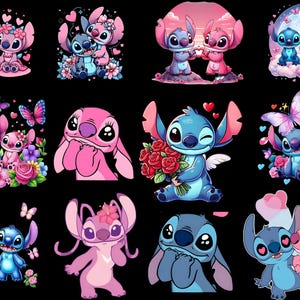 May include: A collection of cartoon illustrations featuring the characters Stitch and Angel in various romantic poses. The images showcase the characters in shades of blue and pink, surrounded by hearts, flowers, and butterflies, set against a black background.