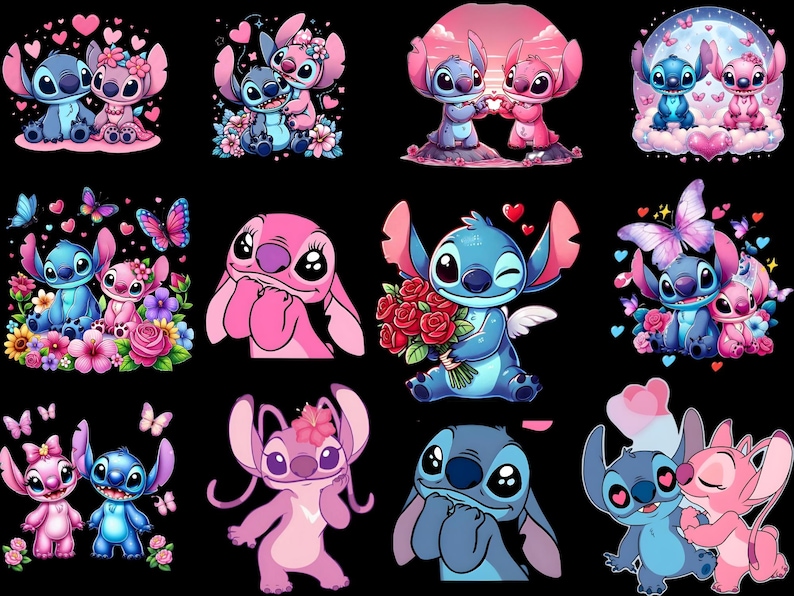 May include: A collection of cartoon illustrations featuring the characters Stitch and Angel in various romantic poses. The images showcase the characters in shades of blue and pink, surrounded by hearts, flowers, and butterflies, set against a black background.