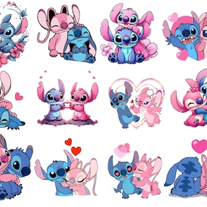 Puede incluir: Una colección de ilustraciones coloridas con los personajes Stitch y Angel de la película de Disney Lilo & Stitch. Las imágenes muestran a los personajes en varias poses, a menudo abrazándose o rodeados de corazones y flores. La paleta de colores incluye tonos de azul y rosa.