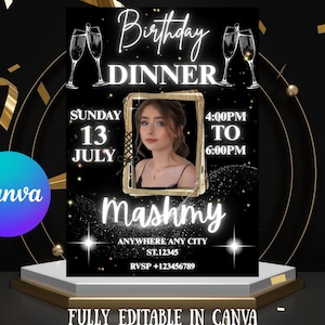 Black Tie Birthday Dinner Invitation: Glam Diamond Evite (Canva Template Digital Download)
