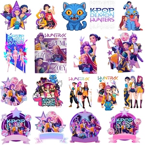 May include: A selection of vibrant K-Pop themed stickers and graphics. The designs showcase stylized illustrations of female characters, cats, stars, and disco balls. Text includes "KPOP DEMON HUNTERS" and character names.