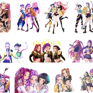 Puede incluir: Una colección de ilustraciones coloridas que presentan grupos de figuras femeninas estilizadas. Las figuras se representan en varias poses y atuendos, con un enfoque en la moda y las composiciones dinámicas. La paleta de colores incluye tonos vibrantes.