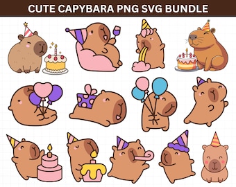 かわいいカピバラPNG、カピバラSVGバンドル、面白いカピバラクリップアート、アニメ漫画デジタルステッカー、クリカット用ファイル、かわいい動物イラストセット