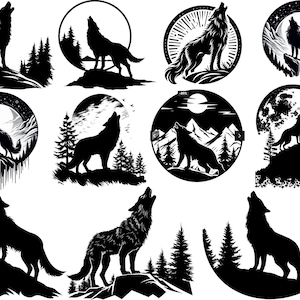 Wolf SVG Bundle: Howling Wolf, Moon, Forest Silhouette (Digital Download